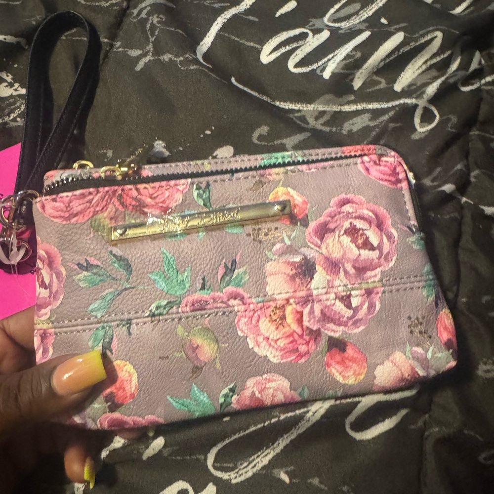 Betsey Johnson Pink and Green Floral Wristlet Clutch